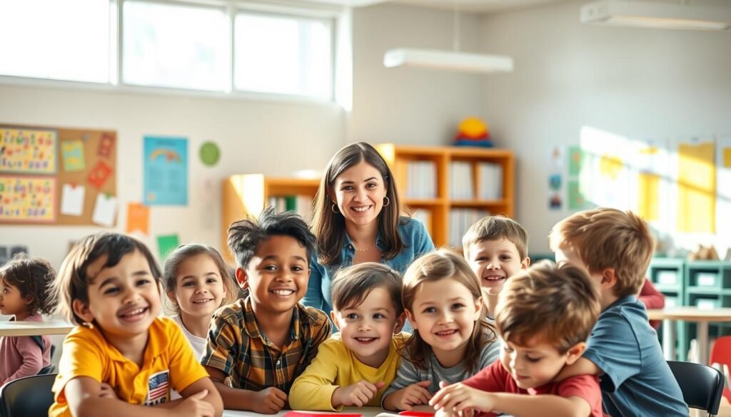 A bright, welcoming classroom interior. In the foreground, a group of diverse elementary school students eagerly engaged in a collaborative learning activity, their faces alight with curiosity and enthusiasm. In the middle ground, a kind-faced teacher circulates, offering guidance and encouragement. The background features colorful educational posters, bookshelves, and natural light flooding in through large windows, creating an atmosphere of warmth and discovery. The scene conveys a sense of positive interpersonal dynamics, where the students' motivation and learning are nurtured through the teacher's attentive, supportive presence.