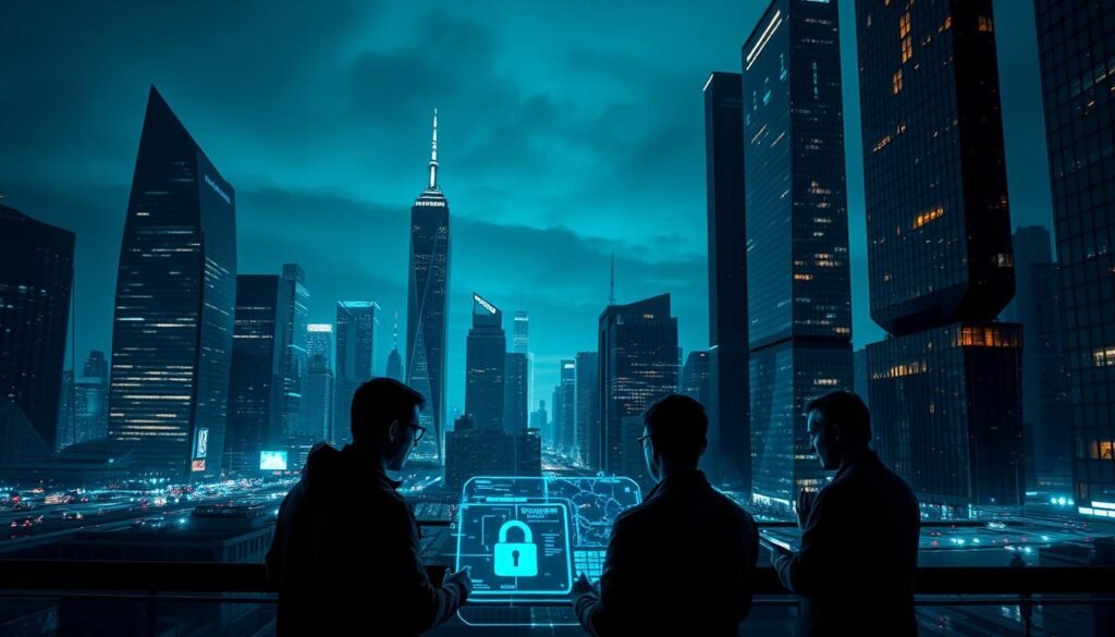 A dark, futuristic cityscape at night, with sleek skyscrapers and a network of glowing cyber-security systems. In the foreground, a team of cybersecurity experts intently monitoring holographic displays, analyzing data and implementing strategic countermeasures against a backdrop of pulsing digital infrastructure. The scene is illuminated by a cool, neon-tinged lighting, creating an atmosphere of high-tech vigilance and data-driven security. The composition emphasizes the integration of human expertise and advanced technology in the implementation of a comprehensive cyber defense strategy for the nation.