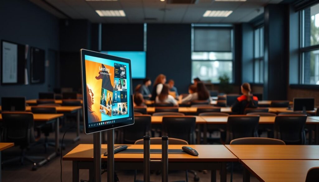 A digital learning media display setup in a modern classroom. In the foreground, a large interactive touchscreen display is positioned on a sleek metal stand. The display shows vibrant educational content, casting a soft glow in the dimly lit room. In the middle ground, several students are gathered around the display, engaged in a collaborative learning activity. The background features rows of ergonomic desks and chairs, with large windows allowing natural light to filter in, creating a warm and inviting atmosphere conducive to learning. The overall scene conveys a sense of technological integration, student engagement, and a progressive approach to digital education.