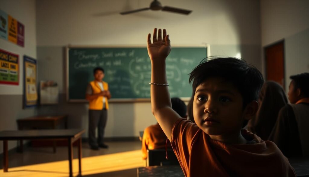 A dimly lit classroom, the chalkboard casting long shadows as a lone teacher stands before a group of attentive students. The walls are adorned with colorful posters and inspirational quotes, hinting at the challenges of character education in Indonesia. In the foreground, a student raises their hand, their face a mix of determination and uncertainty, reflecting the complex balance of traditional values and modern influences. The scene is bathed in a warm, golden light, suggesting the importance of this endeavor and the hope for a brighter future. A sense of quiet contemplation pervades the image, inviting the viewer to consider the nuances of character development in the Indonesian educational system.