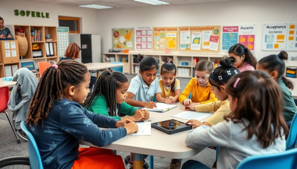 A diverse group of students of varying ages and abilities, engaged in collaborative learning activities within a modern, well-equipped classroom. The foreground features students with different physical and cognitive needs, working together on interactive educational tasks. The middle ground showcases inclusive teaching methods, such as specialized assistive technologies and flexible seating arrangements. The background depicts an inviting, stimulating environment with vibrant colors, natural lighting, and educational displays promoting acceptance and understanding. The overall scene conveys a sense of inclusivity, empowerment, and a nurturing educational experience.