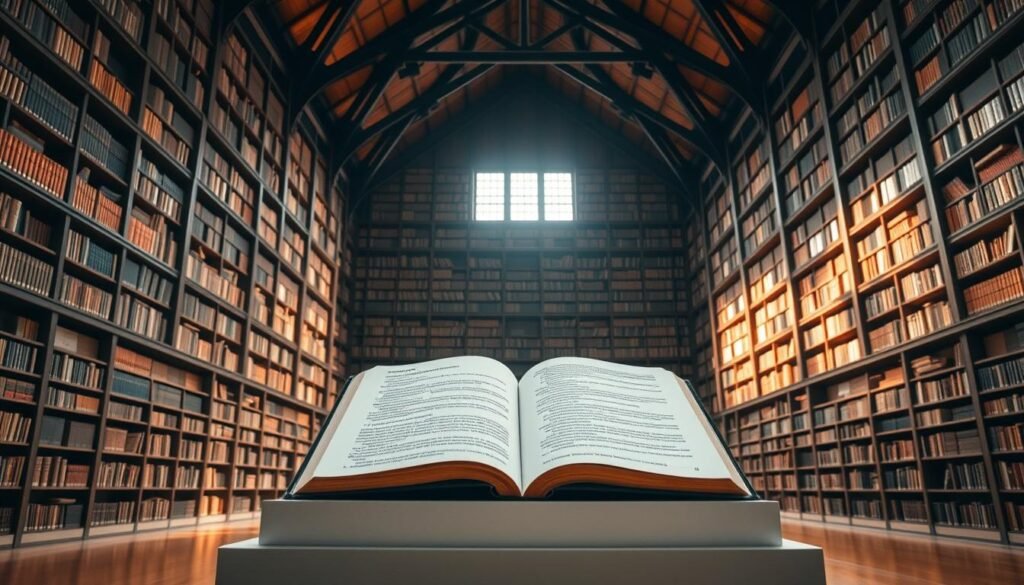 A majestic library interior with towering bookshelves reaching up to a high-vaulted ceiling, illuminated by warm natural light filtering through tall windows. On a central pedestal, an open book lies displayed, its pages filled with the text of Indonesia's legal framework for education, from the Constitution to the Education System Law. The room exudes a sense of contemplation and scholarly pursuit, inviting the viewer to delve into the foundational principles that shape the nation's educational system.
