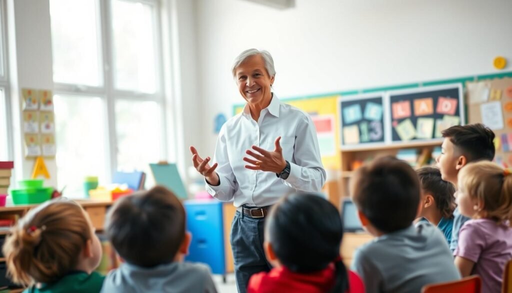 A middle-aged teacher, dressed in a crisp white shirt and dark slacks, stands before a group of attentive elementary school students. The teacher's expression is warm and encouraging, hands gesturing animatedly as they speak. The students, seated in a semicircle, lean forward with rapt attention, their faces lit by a soft, natural light filtering in through large windows. The background is a cozy, well-appointed classroom, filled with colorful learning materials and inspiring wall displays. An atmosphere of trust, engagement, and intellectual curiosity permeates the scene, capturing the essence of a teacher's strategy to motivate young minds.