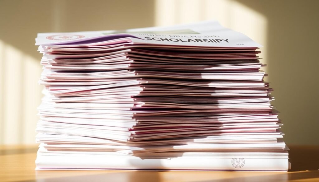 A neatly arranged stack of official-looking documents against a soft, blurred background. The documents have various seals, stamps, and headers indicating they are related to scholarship application requirements. Warm, natural lighting casts subtle shadows, creating a sense of depth and tactility. The overall composition is clean, organized, and evocative of the application process for a public health scholarship program.