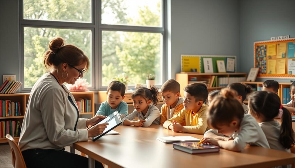 A serene classroom setting with large windows that let in natural light, illuminating a diverse group of students engaged in collaborative learning. In the foreground, a teacher guides a student using a digital tablet, while others work in pairs or small groups. The middle ground showcases a well-stocked bookshelf, vibrant wall displays, and modern educational tools. The background features a lush, green outdoor view, symbolizing the connection between the learning environment and the natural world. Soft, warm tones create an inviting atmosphere, reflecting the supportive and nurturing nature of the educational space.