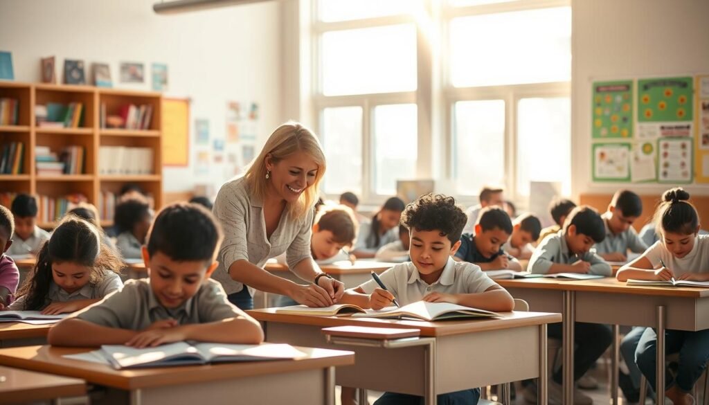 A serene, sun-dappled classroom scene showcasing a diverse group of students intently studying at their desks, surrounded by colorful educational posters and shelves stocked with books. In the foreground, a kind teacher assists a student one-on-one, their faces alight with the joy of learning. Warm, natural lighting filters through large windows, casting a soft, inviting glow over the entire space. The overall atmosphere exudes a sense of inclusivity, opportunity, and the transformative power of accessible, quality education.