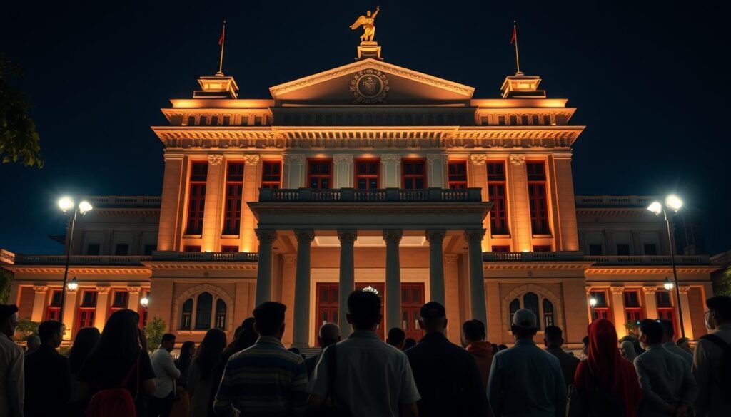 A solemn and imposing Indonesian Constitutional Court building, with its majestic architecture and imposing presence, dominates the frame. The building's façade is illuminated by warm, golden light, casting a sense of gravitas and authority. In the foreground, a group of people, representing diverse backgrounds, stand with hopeful expressions, anticipating the landmark ruling that will reshape the nation's free education landscape. The scene conveys a pivotal moment, where the Court's decision stands as a pivotal turning point, unlocking new educational opportunities for the people. The composition is balanced, with the building's grandeur complemented by the human elements, creating a powerful visual narrative.