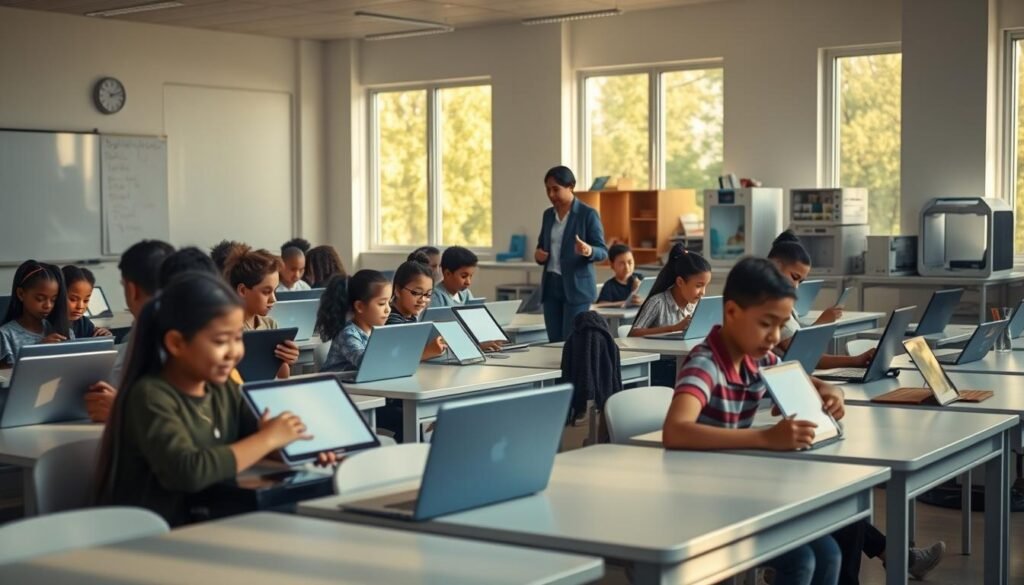 A tranquil classroom setting, bathed in warm, natural lighting filtering through large windows. In the foreground, students of diverse backgrounds sit at modern, minimalist desks, deeply engaged with their digital tablets and laptops, their expressions reflecting a sense of discovery and empowerment. In the middle ground, a teacher moves among them, providing guidance and encouragement, facilitating collaborative learning. The background showcases an array of educational technology - interactive whiteboards, coding stations, and 3D printers - seamlessly integrated into the learning environment. An atmosphere of inclusivity, curiosity, and opportunity pervades the scene, exemplifying the power of technology to elevate and equalize the educational experience.
