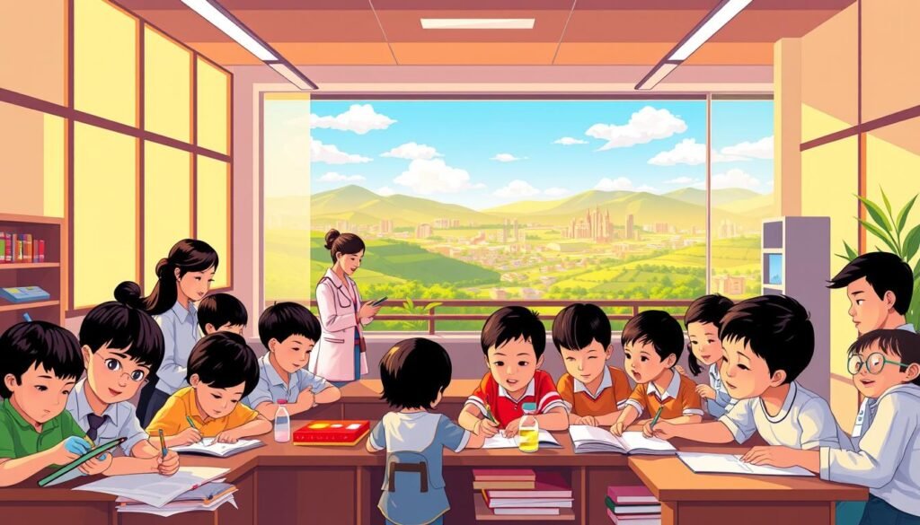 A vibrant and dynamic illustration showcasing the core elements of Indonesia's basic education program. In the foreground, a diverse group of children of various ages and backgrounds engage in a range of educational activities, such as reading, writing, and hands-on experimentation, all against a backdrop of modern, well-equipped classrooms with large windows that flood the scene with warm, natural lighting. In the middle ground, teachers and administrators oversee the activities, guiding and encouraging the students. In the background, a panoramic view of the Indonesian landscape, including lush greenery, rolling hills, and a distant city skyline, symbolizing the nationwide reach and impact of the basic education initiative. The overall atmosphere conveys a sense of optimism, progress, and the transformative power of quality education for the nation's youth.
