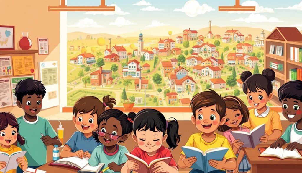 A vibrant illustration depicting the benefits of primary education. In the foreground, a group of diverse children, their faces alight with curiosity and joy, engaged in various learning activities - reading, experimenting, creating art. The middle ground showcases a well-equipped classroom, with posters, books, and educational resources lining the walls, conveying a sense of intellectual stimulation. In the background, a panoramic view of a thriving community, where the impact of quality primary education is evident in the flourishing businesses, healthcare facilities, and civic infrastructure. The scene is bathed in warm, natural lighting, conveying a sense of hope and opportunity that primary education brings to individuals and society as a whole.