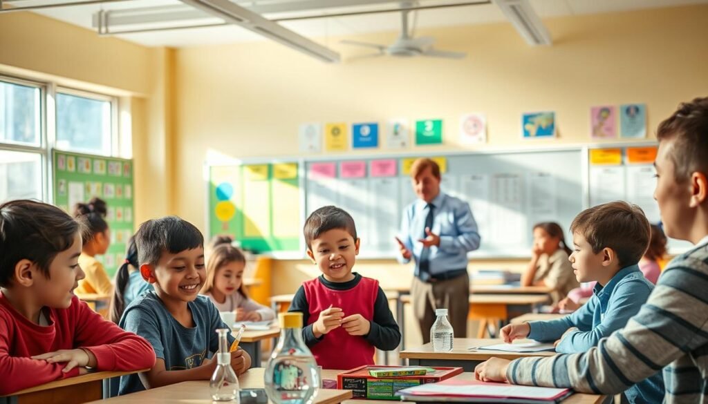 A vibrant, well-lit classroom scene with students and teachers engaged in various educational activities. In the foreground, a group of students collaborating on a science project, their faces alight with curiosity and excitement. In the middle ground, a teacher stands at the front of the class, gesturing animatedly as they deliver a lesson. The background features neatly arranged desks, colorful educational posters, and a large window that floods the room with natural light, creating a warm and inviting atmosphere. The overall impression conveys a sense of progress, innovation, and a government-supported education system dedicated to nurturing the next generation of learners.