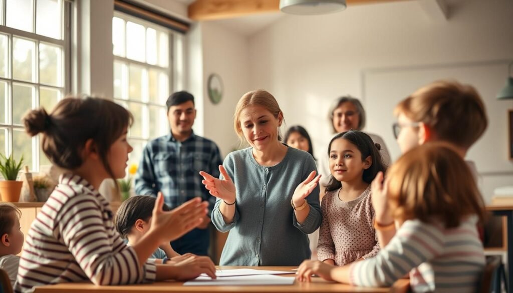 A warm, intimate classroom setting with a teacher guiding students, surrounded by a loving family. Soft, natural lighting filters through large windows, casting a gentle glow. The teacher, approachable and caring, engages with students, hands gesturing animatedly. In the background, parents observe proudly, conveying a sense of unity and support. The overall atmosphere emanates trust, respect, and a shared commitment to nurturing young minds. An inspirational scene that captures the essential role of educators and families in shaping character and fostering a child's holistic development.