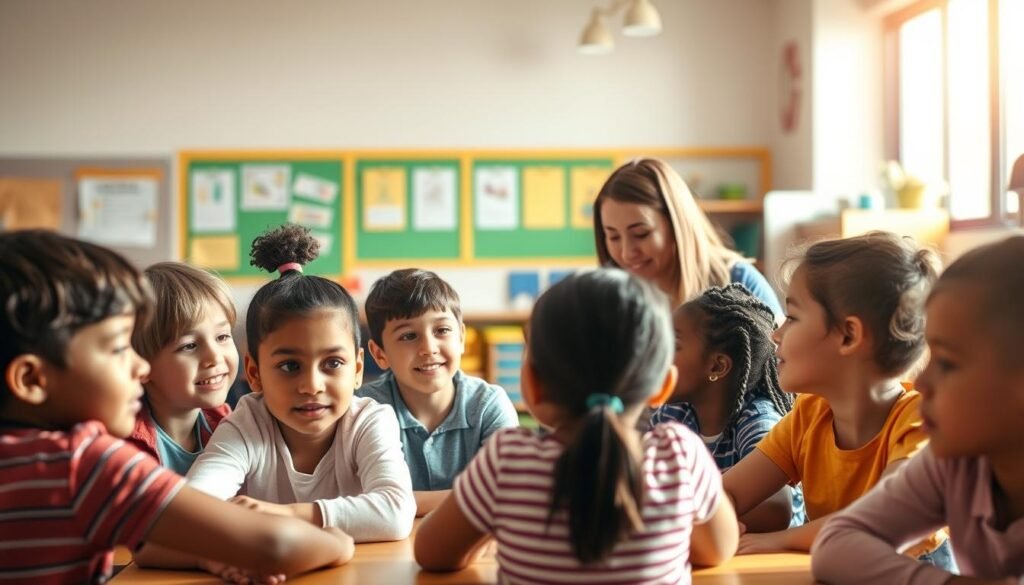 An intimate and serene classroom scene, bathed in warm, natural lighting. In the foreground, a diverse group of students, their faces alight with curiosity and engaged in collaborative learning. In the middle ground, a teacher guides them with a gentle, inclusive demeanor, fostering a sense of belonging and mutual respect. The background reveals a cheerful, well-equipped learning environment, with colorful educational materials and accessible furnishings, symbolizing the inclusive nature of the educational setting. The overall atmosphere conveys the benefits of inclusive education, where individuals with varying abilities and backgrounds come together to grow, learn, and thrive as a cohesive community.