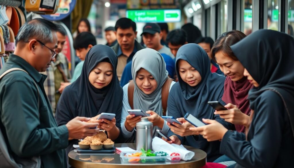 Ilustrasi masyarakat Indonesia menggunakan Dompet Digital dalam kehidupan sehari-hari