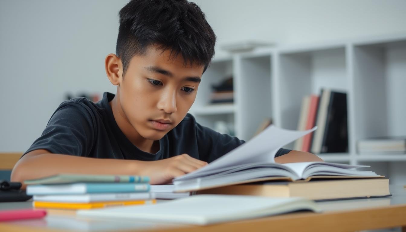 Remaja sedang belajar dengan penuh konsentrasi di meja belajar yang rapi
