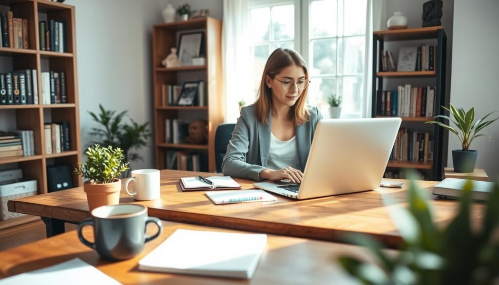 A cozy home office scene depicting a young entrepreneur working on a laptop at a stylish wooden desk. The foreground features a neatly organized workspace with a notepad, coffee mug, and a small plant for a touch of nature. In the middle, the entrepreneur, a woman in smart-casual attire, is focused on her work, with a thoughtful expression. Natural light streams in through a nearby window, creating a warm and inviting atmosphere. The background showcases a bookshelf filled with business books and decorative items, enhancing the professional yet personal feel of the space. Overall, the image conveys a sense of motivation and productivity in the journey of developing a home business.