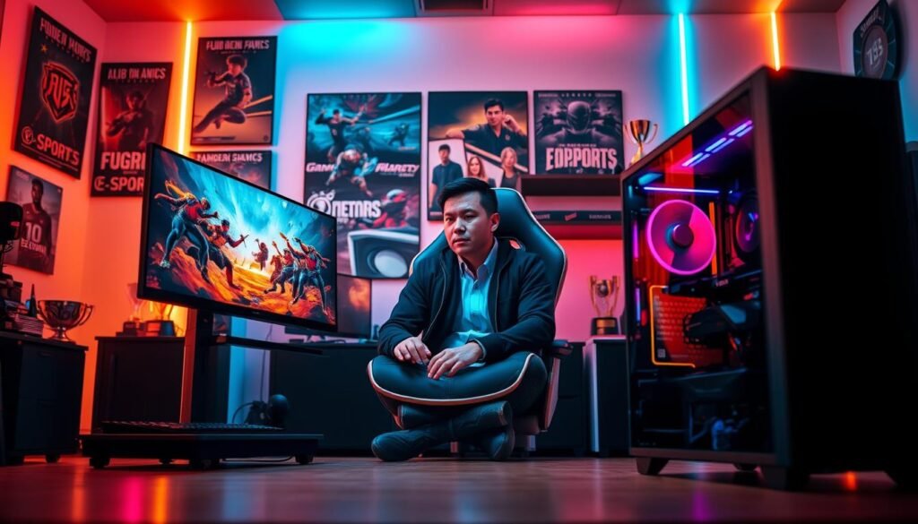 A modern gaming PC setup centered in the foreground, showcasing a sleek and powerful tower with RGB lighting effects. The dual monitor display shows vibrant scenes from popular e-sports games, emphasizing a competitive atmosphere. In the middle ground, a focused gamer in professional attire sits in a high-end gaming chair, their expression determined as they strategize. The background features a softly lit gaming room with posters of e-sports teams, shelves filled with gaming trophies, and ambient LED strip lighting creating an exciting yet professional environment. The overall mood is energetic and inspiring, with warm tones suggesting a passion for gaming and potential financial success. Capture the scene at a slight angle to highlight the intensity of the gaming setup.