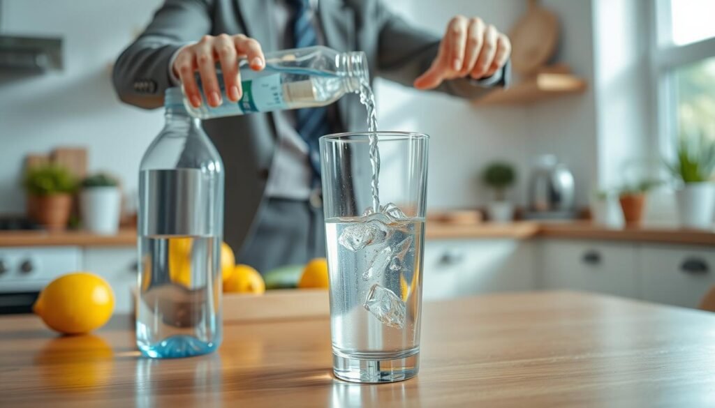A practical scene illustrating the concept of drinking enough water for optimal health. In the foreground, a clear glass filled with fresh, crystal-clear water sits on a wooden table, accompanied by a reusable water bottle and a few fresh fruits, like lemons and cucumbers, emphasizing hydration. In the middle ground, a person in professional business attire is elegantly pouring water from the bottle into the glass, showing a sense of intention and care for their health. The background features a bright and airy kitchen with natural light streaming in, creating an inviting atmosphere. Soft reflections on the glass surface enhance the feeling of freshness and vitality. The overall mood is vibrant and inspiring, encouraging good hydration habits.