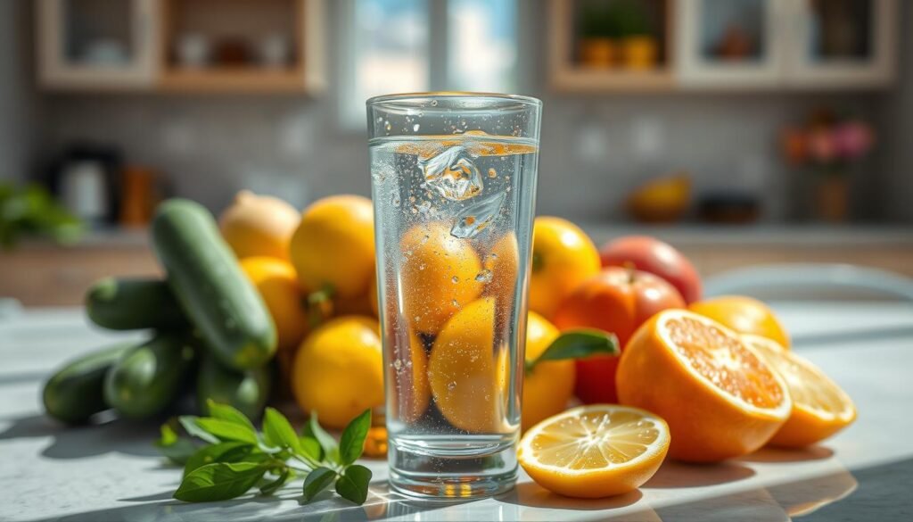 A refreshing glass of clear water sits prominently in the foreground, with droplets on its surface, symbolizing hydration and health. Behind it, an assortment of vibrant fruits and vegetables like cucumbers, lemons, and oranges are artistically arranged, showcasing their high water content and health benefits. The middle ground features a calm, serene setting, such as a sunlit kitchen or a tranquil outdoor table, emphasizing a healthy lifestyle. Soft, natural lighting floods the scene, creating a warm atmosphere, with a shallow depth of field focusing on the glass of water. The overall mood is uplifting and invigorating, illustrating the incredible benefits of drinking enough water for optimal health, while encouraging a sense of wellness and vitality.