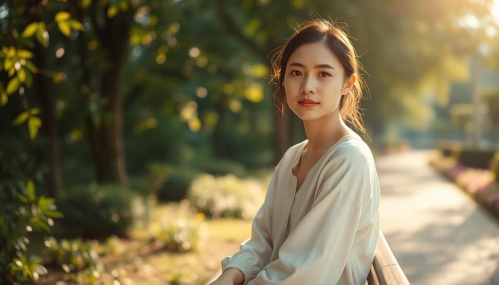 A serene outdoor scene showcasing the beauty of natural light for aesthetic photography. In the foreground, a modestly dressed young woman sits on a sunlit park bench, her expression calm and contemplative. The middle ground features softly blurred greenery, with dappled sunlight filtering through leaves, creating enchanting patterns on the ground. In the background, a gentle blur of a sunlit pathway lined with flowers adds a tranquil ambiance. The lighting is warm and golden, reminiscent of the golden hour, enhancing the overall aesthetic appeal. The composition should be framed with a slight depth of field, emphasizing the subject while capturing the interplay of light and shadow, evoking a peaceful, inspirational atmosphere perfect for photography. A serene outdoor scene showcasing the beauty of natural light for aesthetic photography. In the foreground, a modestly dressed young woman sits on a sunlit park bench, her expression calm and contemplative. The middle ground features softly blurred greenery, with dappled sunlight filtering through leaves, creating enchanting patterns on the ground. In the background, a gentle blur of a sunlit pathway lined with flowers adds a tranquil ambiance. The lighting is warm and golden, reminiscent of the golden hour, enhancing the overall aesthetic appeal. The composition should be framed with a slight depth of field, emphasizing the subject while capturing the interplay of light and shadow, evoking a peaceful, inspirational atmosphere perfect for photography.