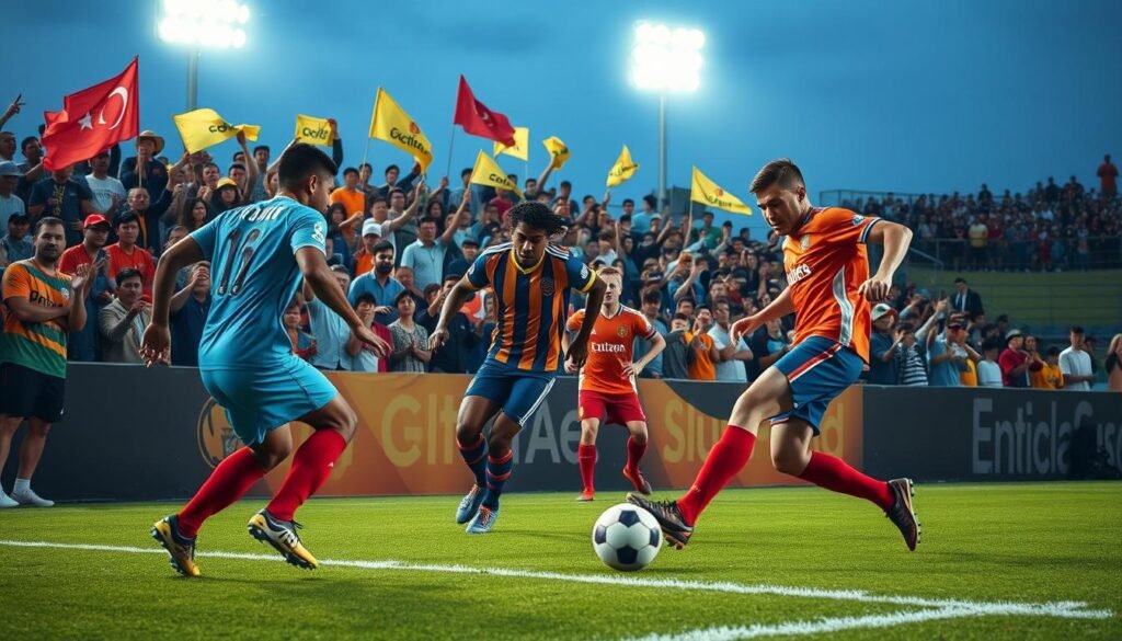 A vibrant and dynamic scene capturing an exciting football (soccer) competition, showcasing a diverse group of players skillfully engaged in an intense match on a lush green pitch. In the foreground, focus on two players in action, one dribbling the ball and the other attempting a tackle, both dressed in colorful, professional uniforms. In the middle ground, a cheering crowd of enthusiastic fans waves flags and banners, their faces filled with excitement. The background features a bustling stadium under bright floodlights, creating an electrifying atmosphere. Capture the moment from a low angle, emphasizing the energy and movement in the scene. The warm glow of the lights contrasts with the cool evening sky, enhancing the drama of the competition. A vibrant and dynamic scene capturing an exciting football (soccer) competition, showcasing a diverse group of players skillfully engaged in an intense match on a lush green pitch. In the foreground, focus on two players in action, one dribbling the ball and the other attempting a tackle, both dressed in colorful, professional uniforms. In the middle ground, a cheering crowd of enthusiastic fans waves flags and banners, their faces filled with excitement. The background features a bustling stadium under bright floodlights, creating an electrifying atmosphere. Capture the moment from a low angle, emphasizing the energy and movement in the scene. The warm glow of the lights contrasts with the cool evening sky, enhancing the drama of the competition.