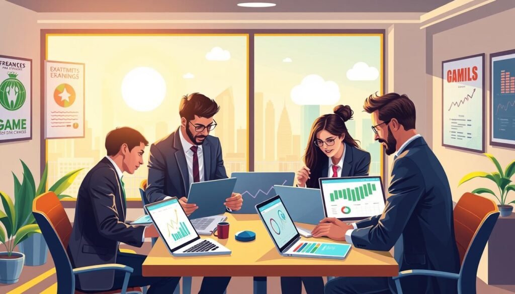A vibrant and engaging digital illustration showcasing effective tips for maximizing earnings from games and applications. In the foreground, a diverse group of professionals dressed in smart business attire collaborates around a table, examining charts and apps on their laptops and tablets, displaying graphs and engaging interface designs. The middle ground features a cozy, modern workspace with motivational posters related to gaming and finance on the walls. In the background, a large window reveals a sunny city skyline, symbolizing opportunity and growth. The lighting is bright and warm, creating an optimistic and focused atmosphere. Capture a sense of teamwork and innovation, with a dynamic composition that radiates creativity and success in the realm of gaming and applications.