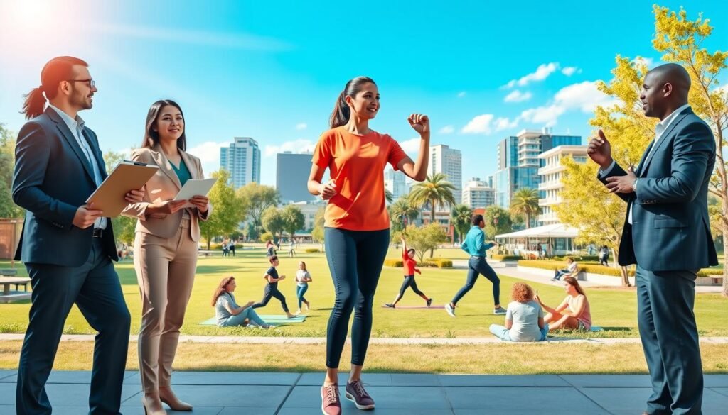 A vibrant and informative scene illustrating the theme of "Chronic Disease Prevention and Lifestyle" in a health-focused setting. In the foreground, a diverse group of three professionals dressed in business attire—one holding a clipboard, the other demonstrating an exercise, and the third discussing nutrition with a visual aid. In the middle ground, a sunny park showcases individuals engaging in healthy activities—yoga, jogging, and enjoying nutritious food at a picnic. The background features a modern cityscape with green spaces and wellness centers. The lighting is bright and uplifting, capturing a warm, motivating atmosphere. The scene emphasizes health, community, and the importance of a balanced lifestyle. A vibrant and informative scene illustrating the theme of "Chronic Disease Prevention and Lifestyle" in a health-focused setting. In the foreground, a diverse group of three professionals dressed in business attire—one holding a clipboard, the other demonstrating an exercise, and the third discussing nutrition with a visual aid. In the middle ground, a sunny park showcases individuals engaging in healthy activities—yoga, jogging, and enjoying nutritious food at a picnic. The background features a modern cityscape with green spaces and wellness centers. The lighting is bright and uplifting, capturing a warm, motivating atmosphere. The scene emphasizes health, community, and the importance of a balanced lifestyle.