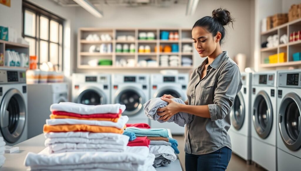 A vibrant laundry business scene showcasing a modern laundry facility. In the foreground, a well-organized workstation with neatly stacked clean linens and colorful garments ready for pickup. A professional employee in modest casual clothing is folding clothes meticulously, exuding a sense of efficiency and care. In the middle ground, washing machines and dryers are actively running, highlighting the process of laundry care. The background features shelves filled with laundry supplies, such as detergents and fabric softeners, creating a welcoming atmosphere. Soft, natural lighting filters in through large windows, casting gentle shadows. The overall mood is fresh, clean, and industrious, reflecting a successful laundry and item care service.
