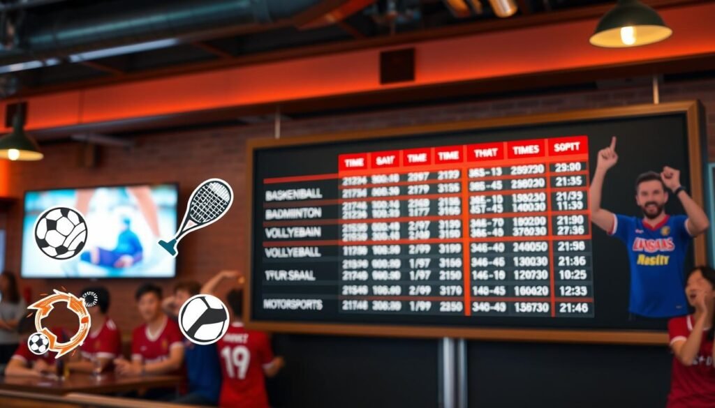 A vibrant sports schedule display featuring various sports other than soccer. In the foreground, clear and colorful graphics representing sports like basketball, badminton, volleyball, and motorsports. Each sport icon is designed with dynamic lines and energetic colors, symbolizing action and excitement. The middle ground shows a digital screen or chalkboard with a neatly organized list of sport event times and dates, illuminated as if under studio lighting for visual clarity. In the background, a sports bar atmosphere with cheering fans dressed in casual team shirts, creating an engaging and lively mood. The overall composition should evoke excitement and anticipation around sports events, with a bright, well-lit, and professional appearance. A vibrant sports schedule display featuring various sports other than soccer. In the foreground, clear and colorful graphics representing sports like basketball, badminton, volleyball, and motorsports. Each sport icon is designed with dynamic lines and energetic colors, symbolizing action and excitement. The middle ground shows a digital screen or chalkboard with a neatly organized list of sport event times and dates, illuminated as if under studio lighting for visual clarity. In the background, a sports bar atmosphere with cheering fans dressed in casual team shirts, creating an engaging and lively mood. The overall composition should evoke excitement and anticipation around sports events, with a bright, well-lit, and professional appearance.
